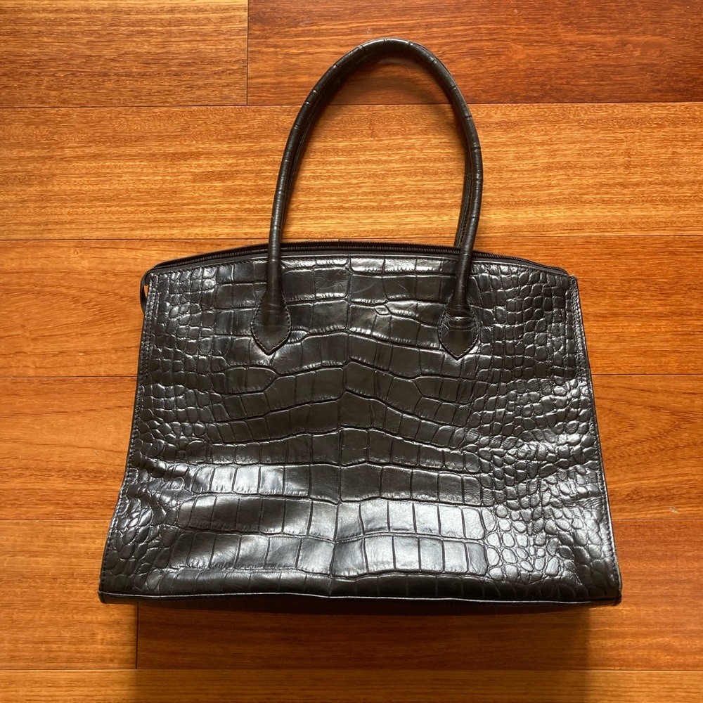 Classic Black Leather Croc-Embossed Tote Bag - Michael Rome Designs -Vintage Lrg